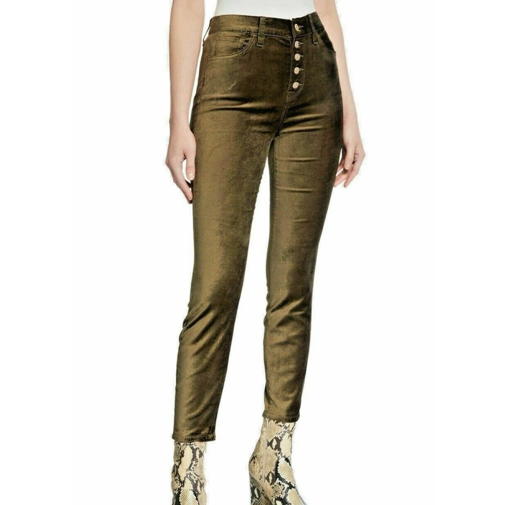 7 For All Mankind Green Velvet Button Fly Ankle Pants 30 Grunge Steampunk High